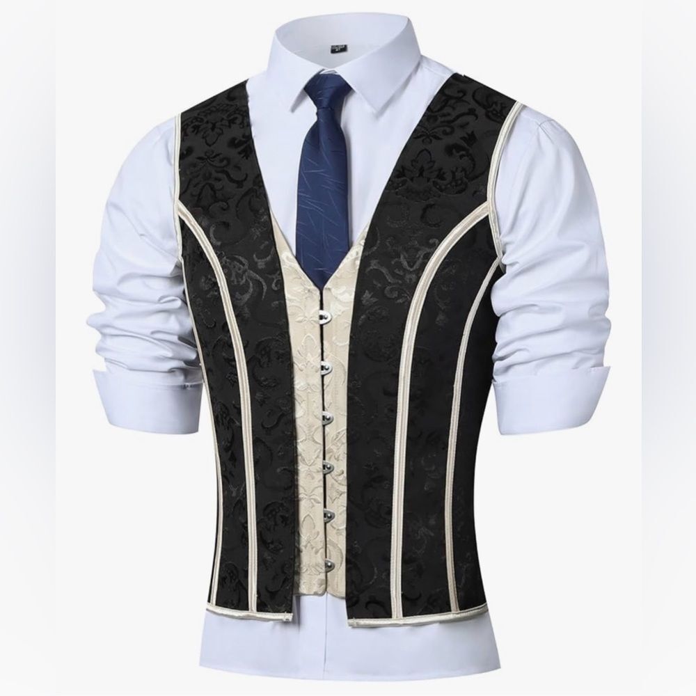 Huamyth Men's Corset Vest Waistcoat Lace Up Bones Beige Black Jacquard L NWT